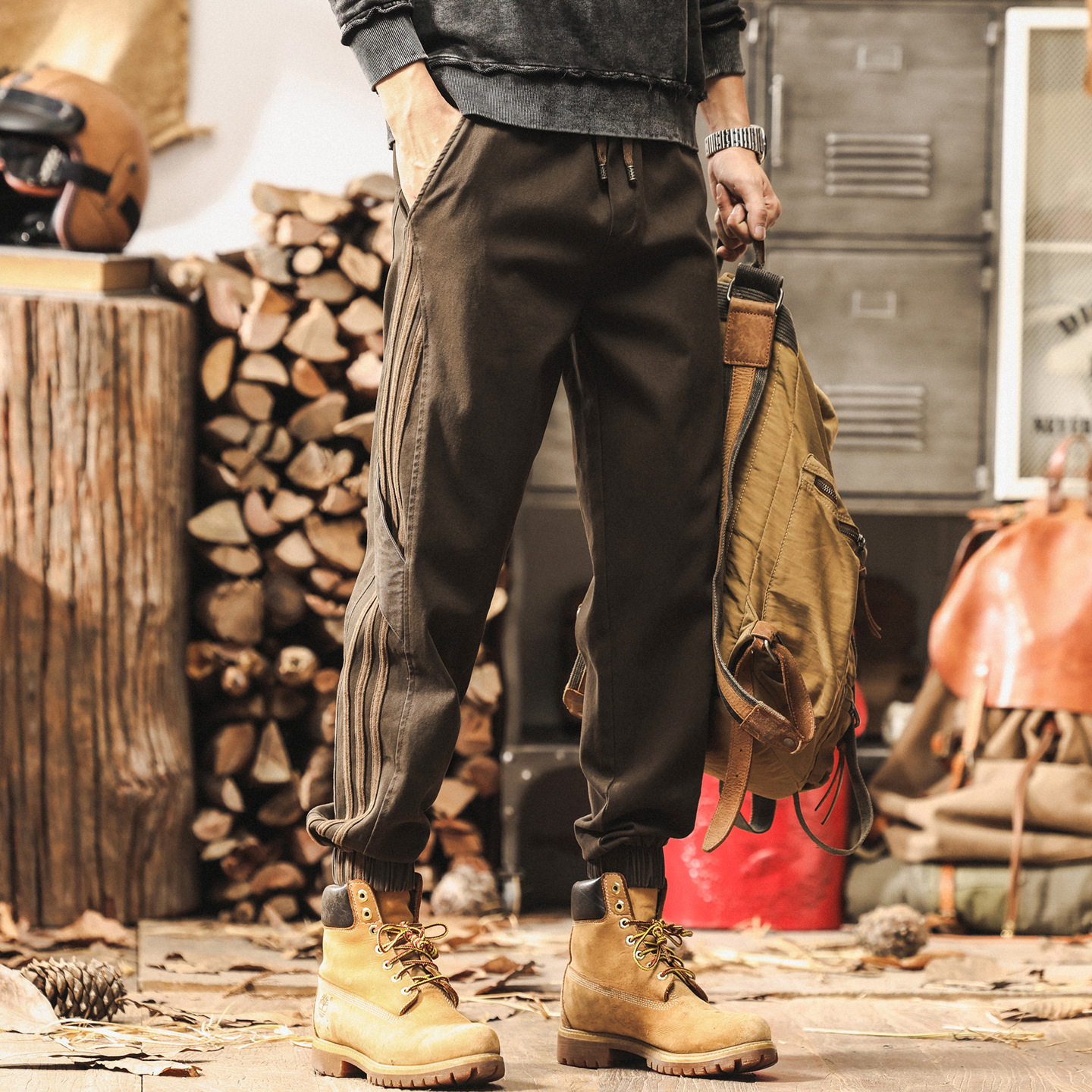 美式復古工裝褲男寬鬆潮流秋季拼接潮牌褲子男春秋直筒束腳休閒褲