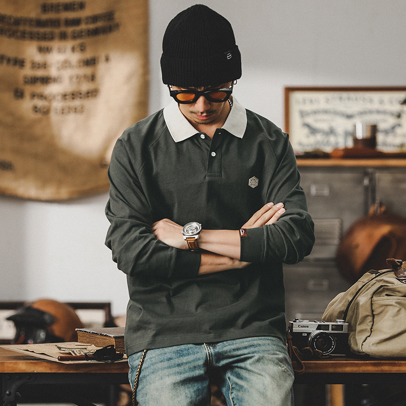 春季新款長袖T恤男士2024寬鬆美式復古男士polo衫潮牌上衣男