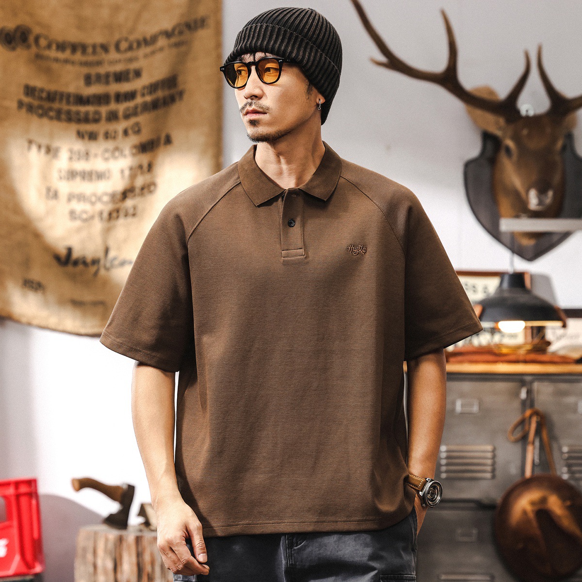 美式復古灰色短袖POLO衫男士夏季新款300g重磅t恤空氣層潮牌上衣