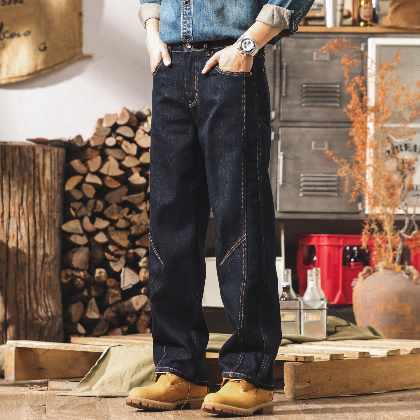 美式經典復古丹寧水洗牛仔褲男直筒秋冬新款潮牌寬鬆原色休閒長褲