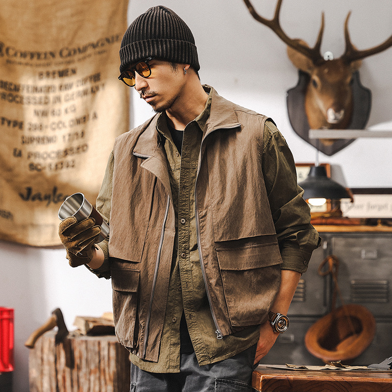 萊賽爾天絲薄款馬甲男士春季2025新款潮牌復古巴能風工裝夾克外套