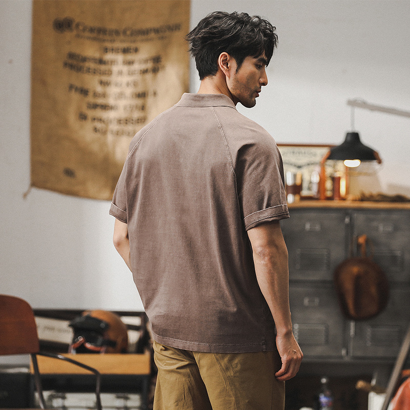 美式復古重磅T恤男式短袖夏季做舊古著上衣寬鬆休閒Polo衫男