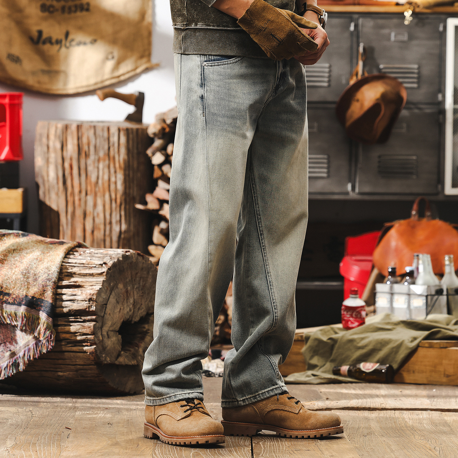 美式復古分割立體剪裁牛仔褲男直筒春季潮牌黃泥染水洗休閒長褲男