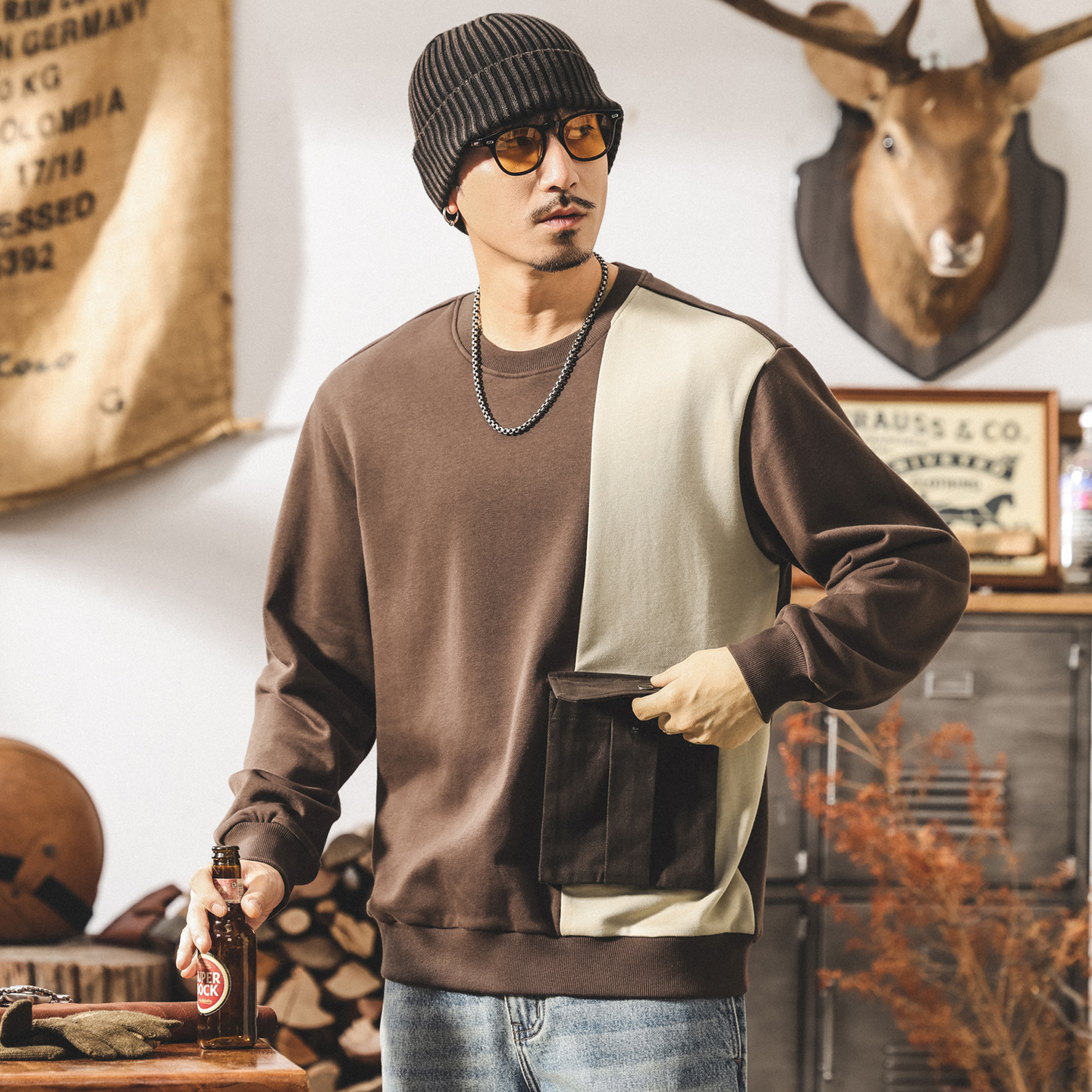 美式复古重磅卫衣男春秋新款潮牌撞色拼接口袋外套男秋季宽松上衣