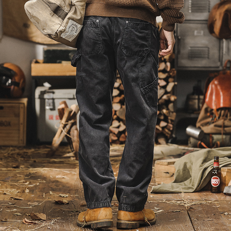 美式經典黑色工裝褲子男寬鬆直筒2024新款潮牌水洗做舊百搭休閒褲