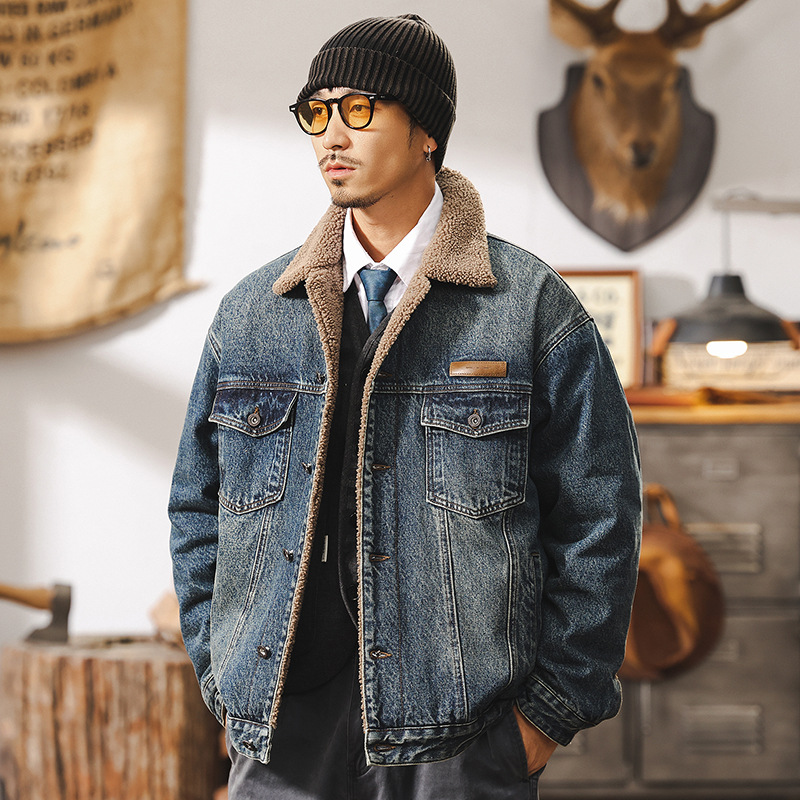 美式復古羊羔絨牛仔外套男冬季加厚棉衣男士夾克棉服男款冬天棉襖