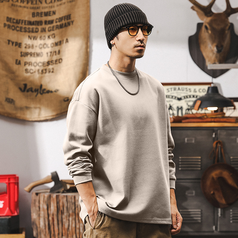 美式復古300g重磅磨毛長袖T恤男春季2025新款寬鬆簡約白色衛衣男