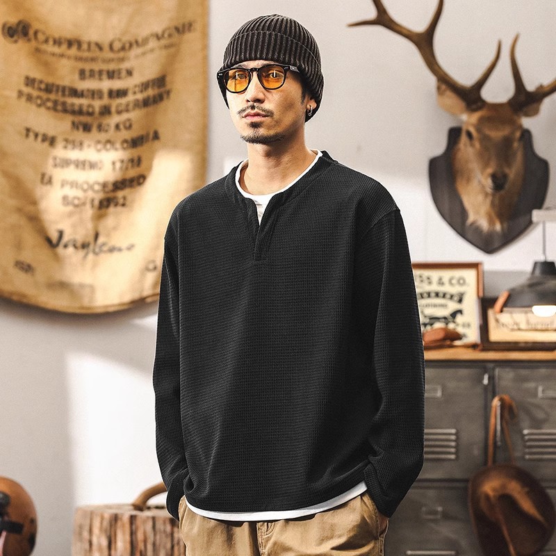 美式復古400g重磅假兩件歐棉絨長袖t恤男冬季加絨衛衣男士亨利衫