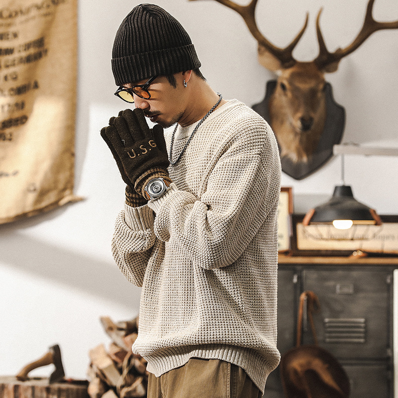 美式復古760g重磅粗針毛衣男冬季厚實寬鬆簡約百搭線衫休閒針織衫