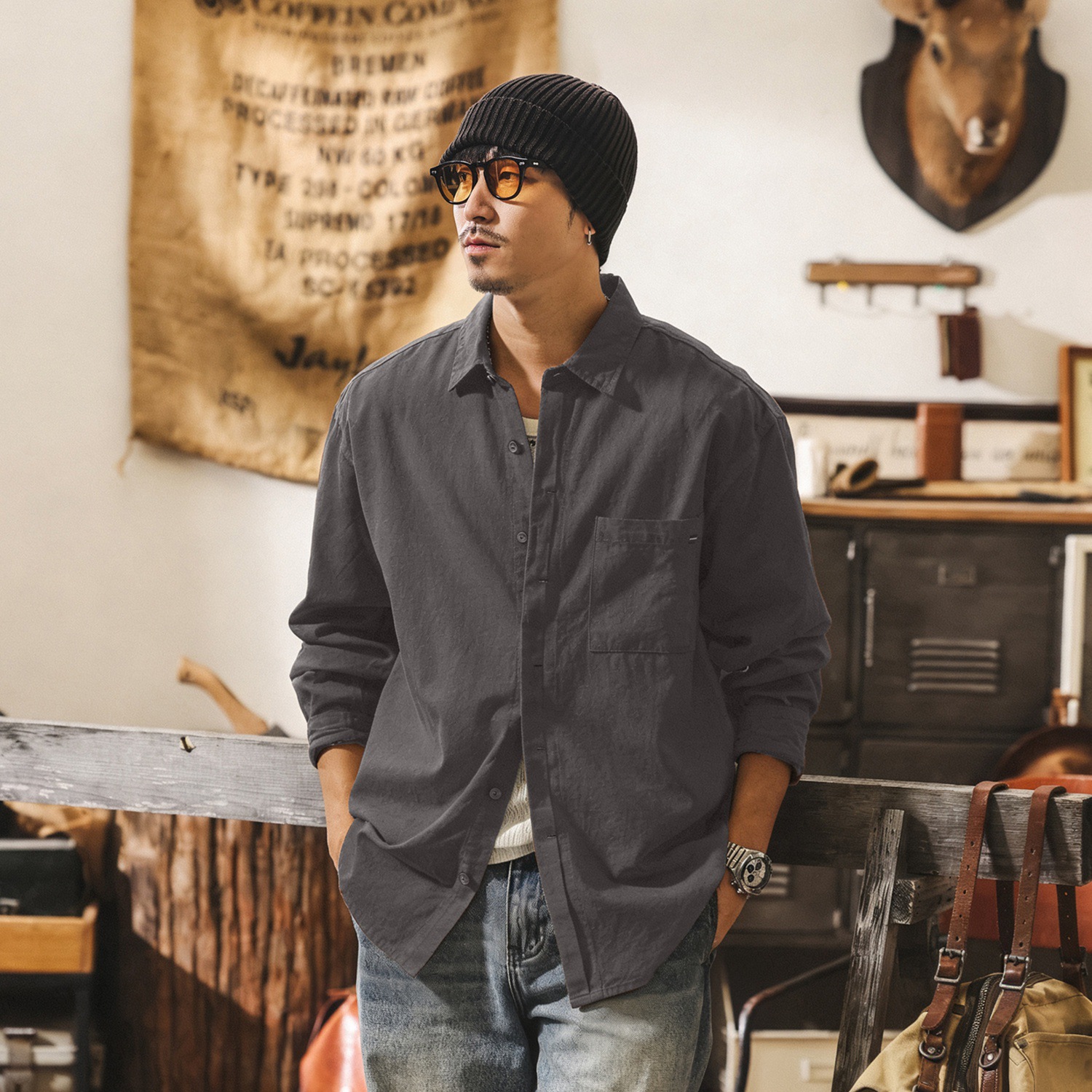 美式復古老錢風萊賽爾襯衫外套男春季薄款寬鬆休閒工裝長袖襯衣男