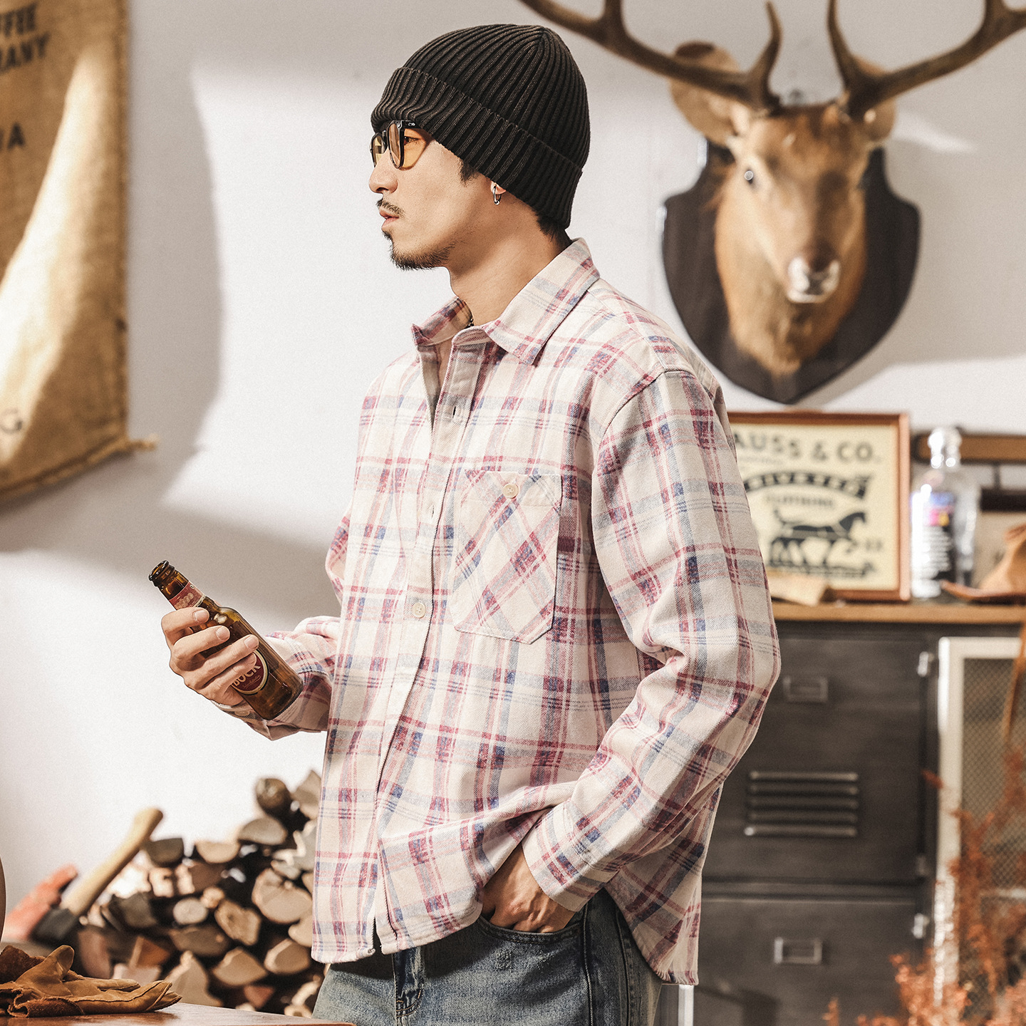 萊賽爾天絲粉色格子襯衫男長袖秋季新款寬鬆休閒男士襯衣春秋外套