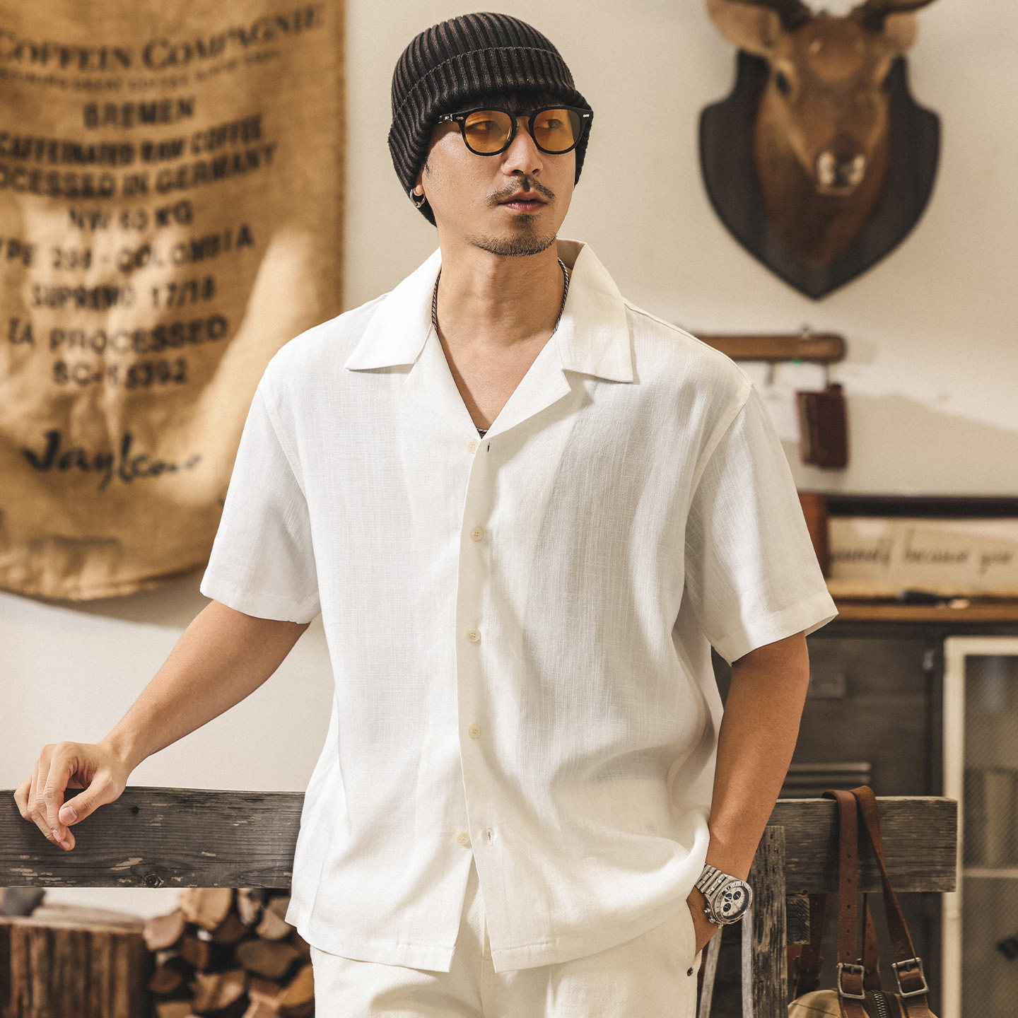 萊賽爾古巴領亞麻短袖襯衫男夏季薄款2026新款美式慵懶老錢風襯衣