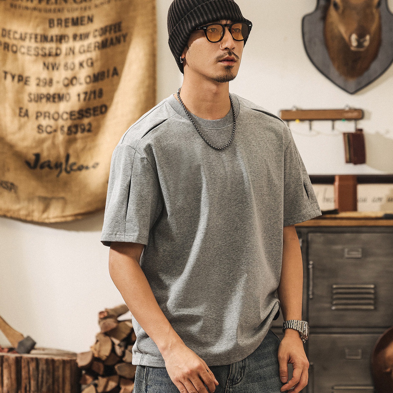 美式復古開口笑小解構男士短袖T恤夏季2026新款潮流拼接寬鬆上衣T