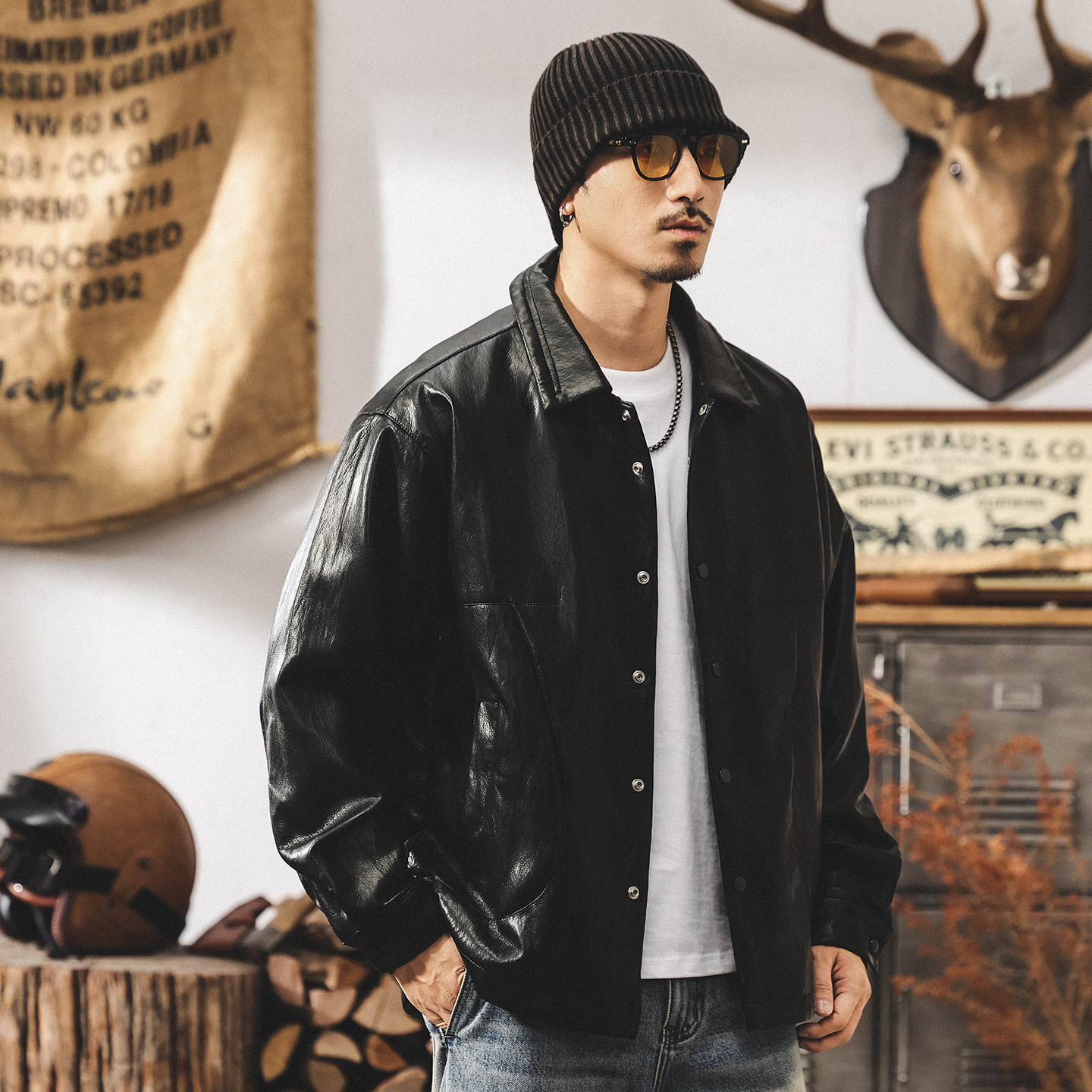 美式復古軟皮衣外套男春秋款寬鬆機車服潮流高級感襯衫型皮夾克男