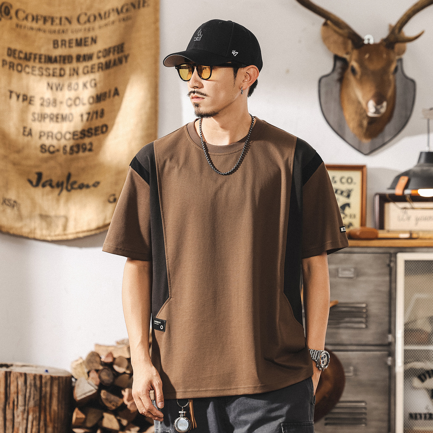 美式復古短袖T恤男夏季新款潮牌拼色寬鬆大碼男士上衣休閒體恤潮T