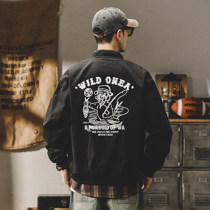 美式復古工裝夾克男潮牌寬鬆大碼棒球服飛行員外套男秋冬款