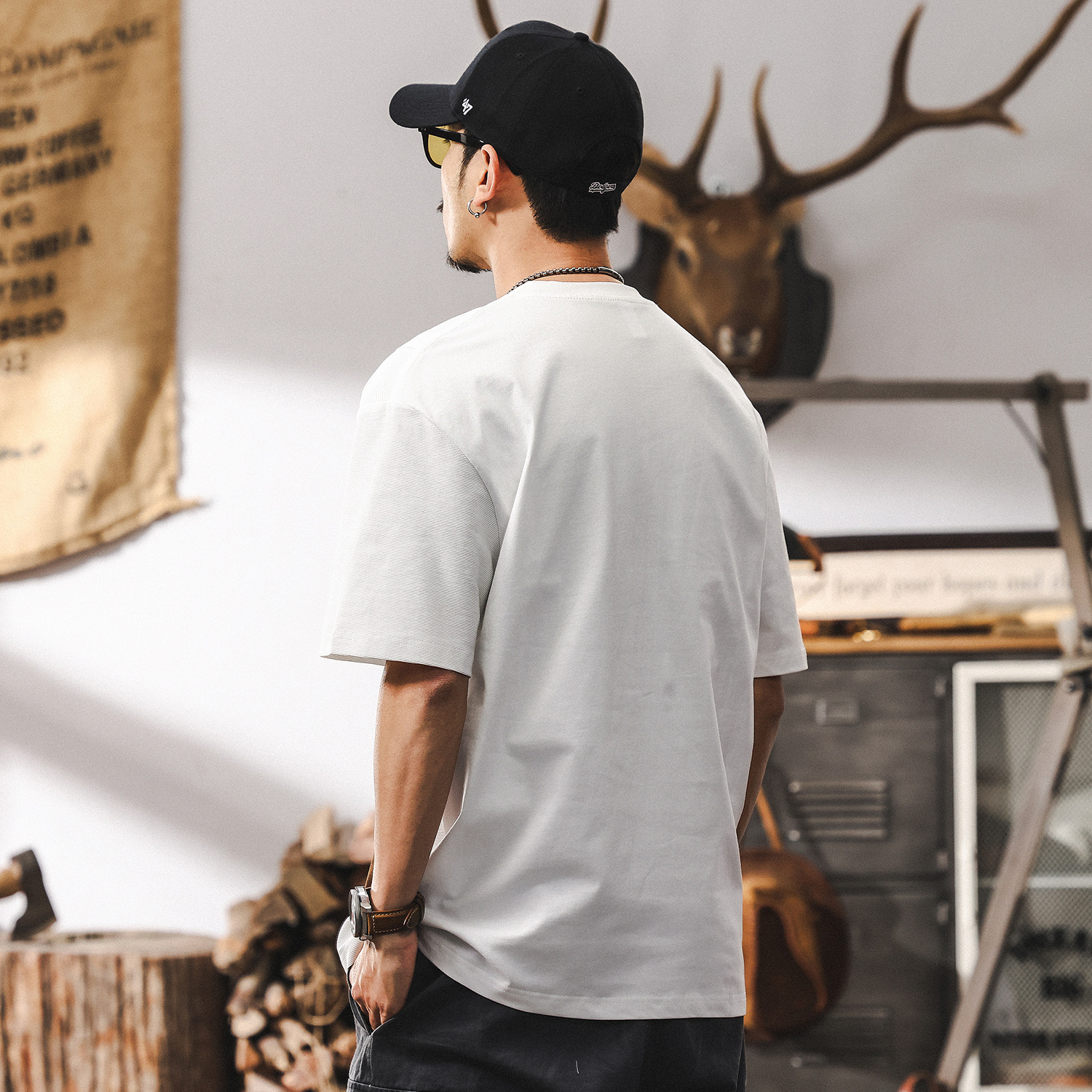 提花T恤男2025新款美式復古潮牌短袖男夏季寬鬆半截袖上衣男