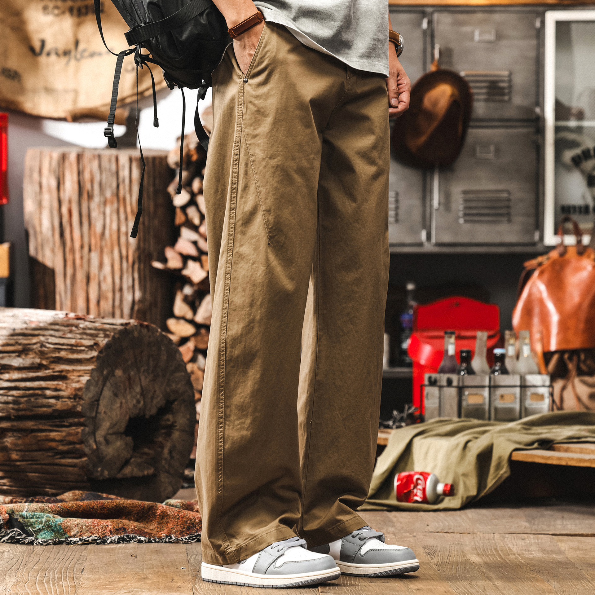 美式復古工裝褲子男春季2025新款簡約百搭卡其色休閒褲男直筒長褲