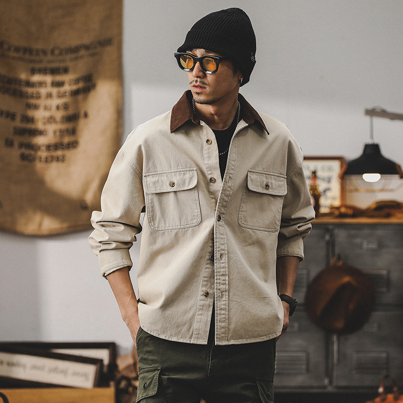 美式復古工裝襯衫男長袖寬鬆潮牌硬漢獵裝夾克男春季襯衣男士外套