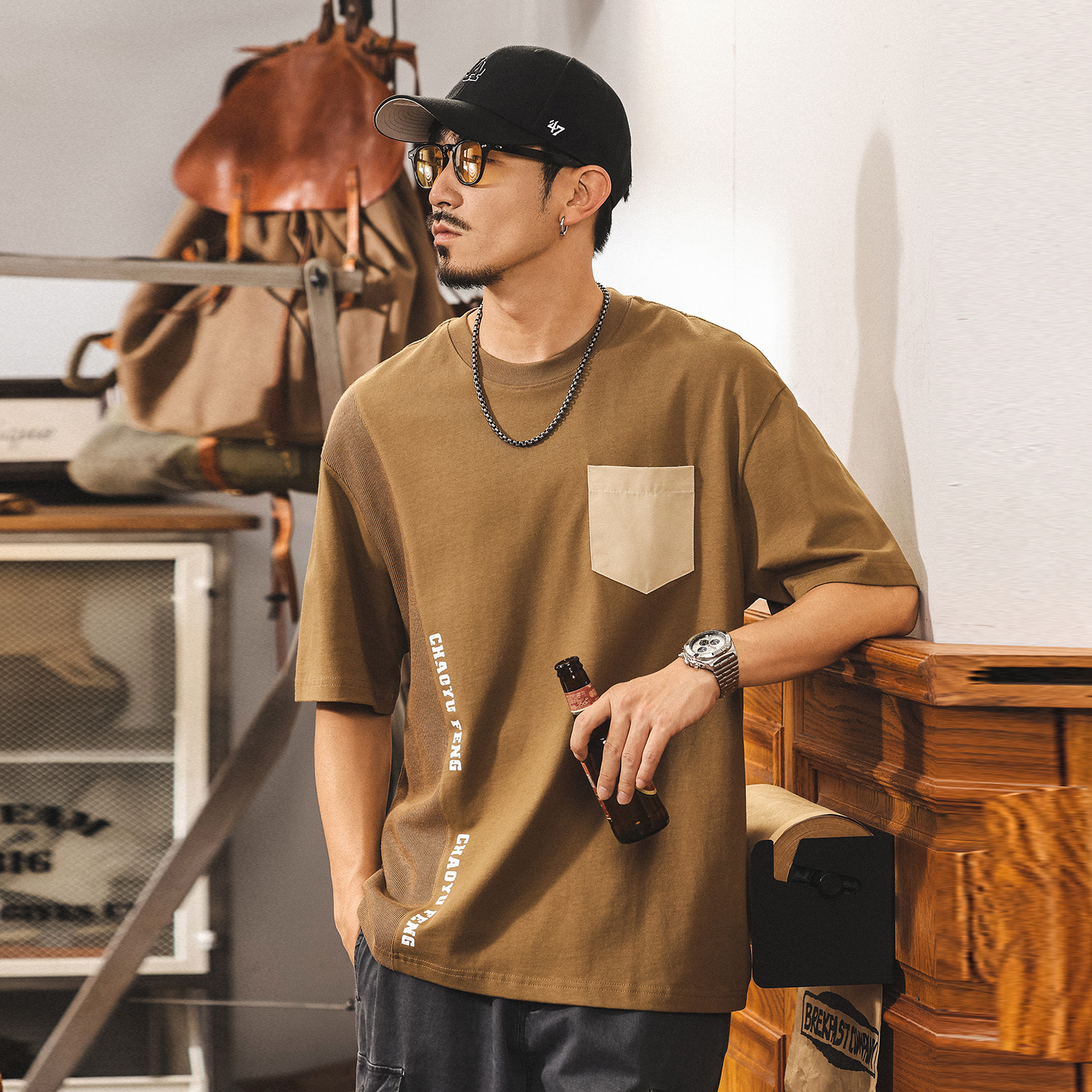 美式潮流短袖男士夏季重磅T恤寬鬆2025新款潮牌拼接大碼休閒上衣T