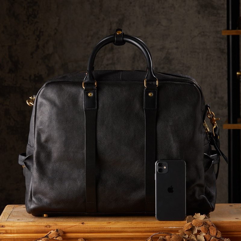 手工頭層植鞣牛皮手提包男士出差健身單肩斜挎包真皮大容量旅行包