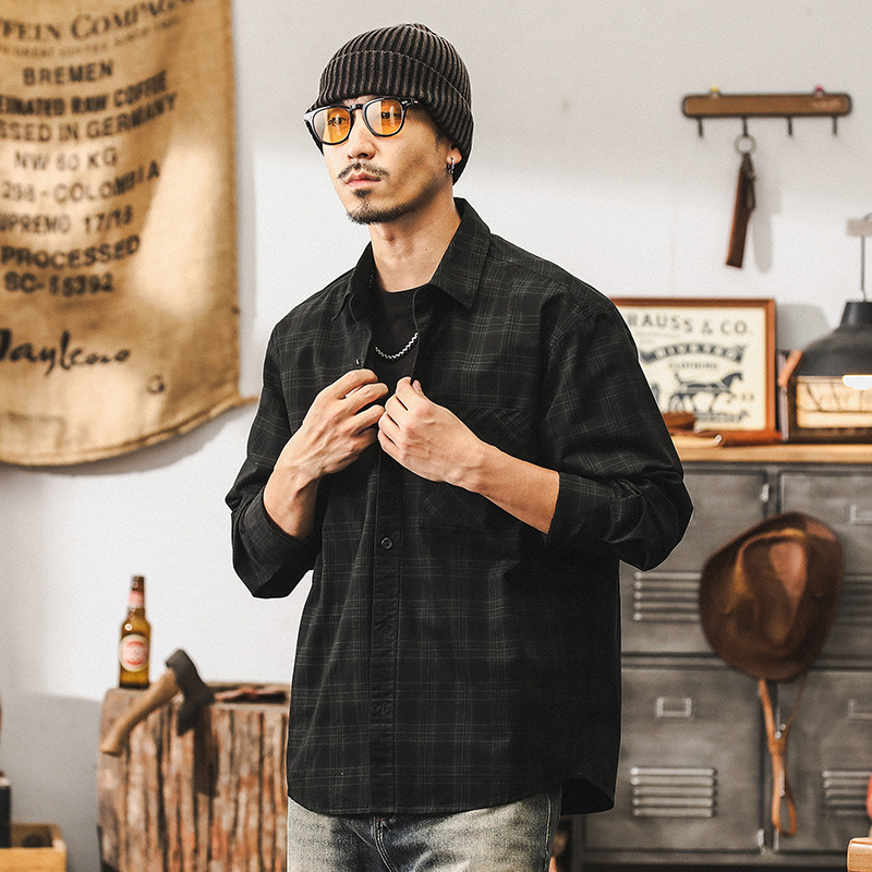 美式復古格子襯衫男長袖秋季潮牌高級感痞帥襯衣男士寬鬆上衣外套