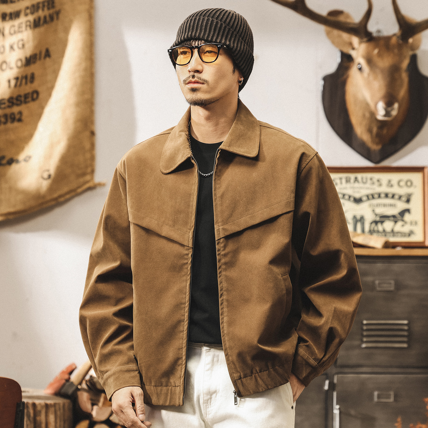 美式復古反絨皮外套男春秋2025新款美拉德阿美咔嘰寬鬆飛行夾克男