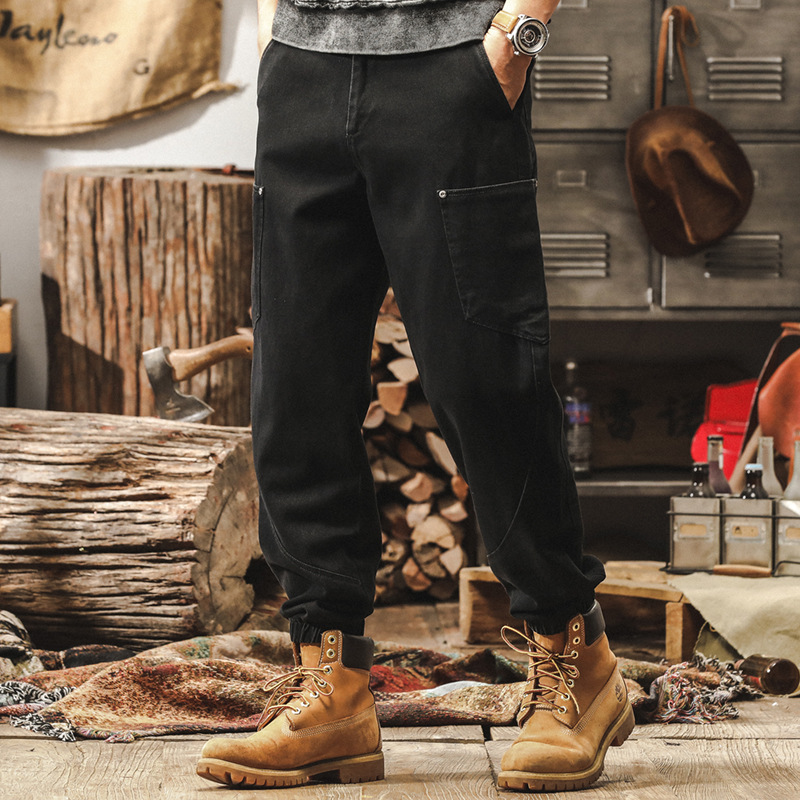 美式復古重磅工裝褲子男春季2025新款束腳褲男寬鬆直筒男士休閒褲
