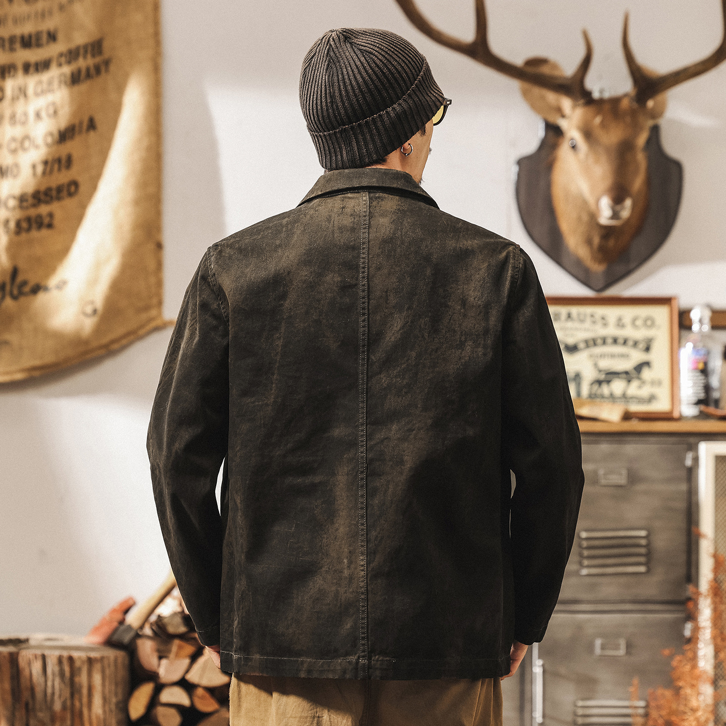 美式復古斑駁做舊西裝外套男春秋新款寬鬆工裝夾克男秋季男式西服