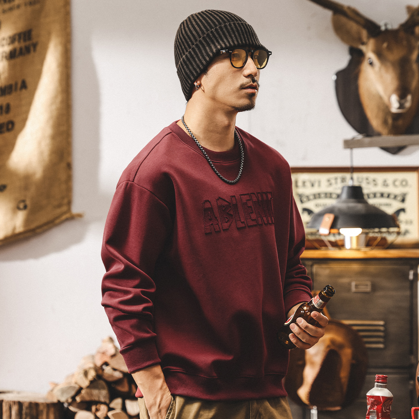 美式重磅復古酒紅色衛衣男2025秋季新款長袖t恤寬鬆大碼男裝上衣