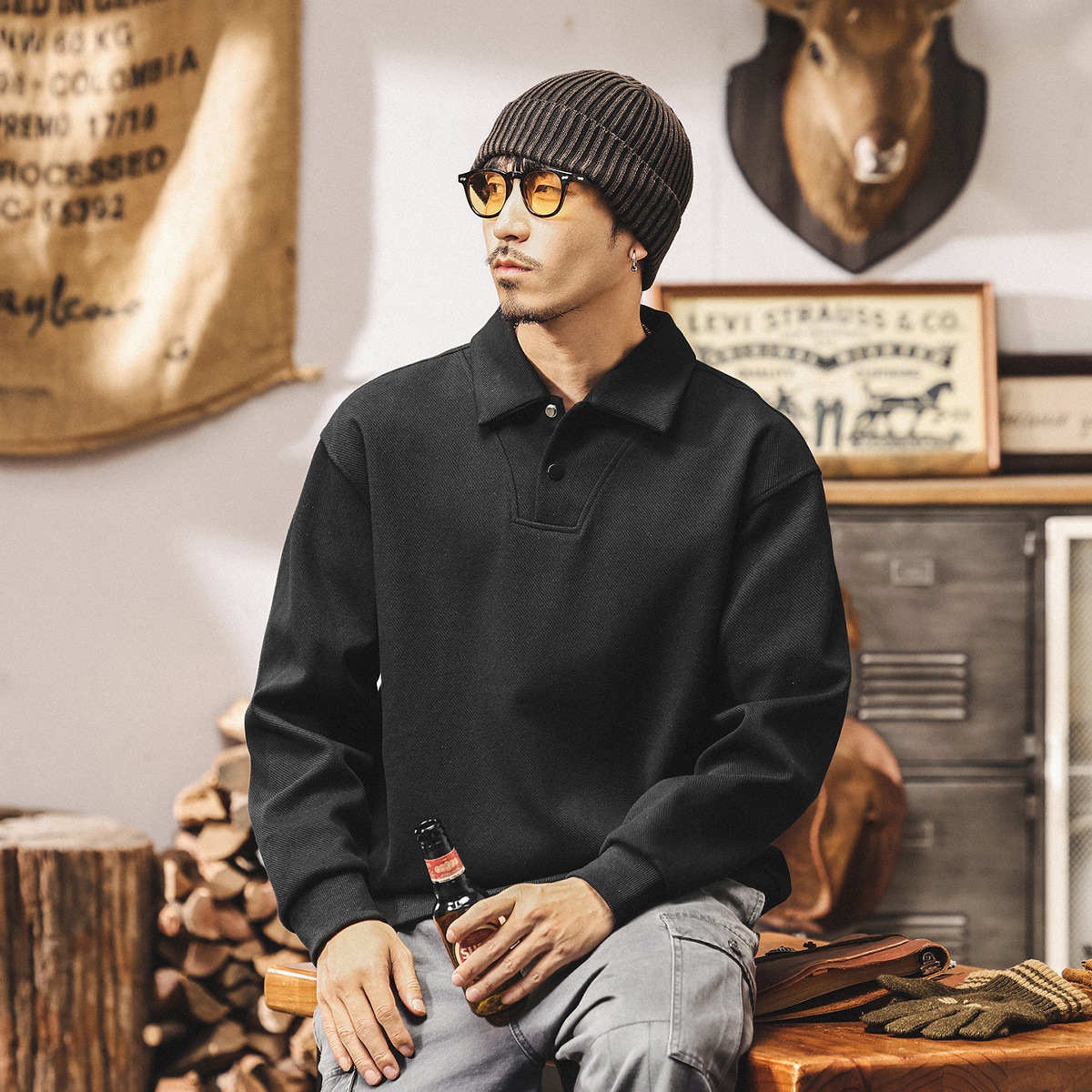 美式復古380g重磅Polo領衛衣男春秋2025新款寬鬆休閒翻領男士上衣