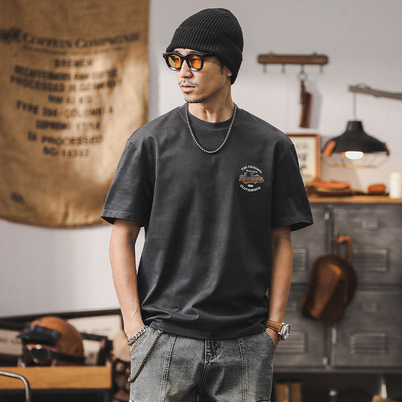 235g重磅發泡印花T恤男夏季短袖2024新款美式復古潮牌寬鬆上衣男