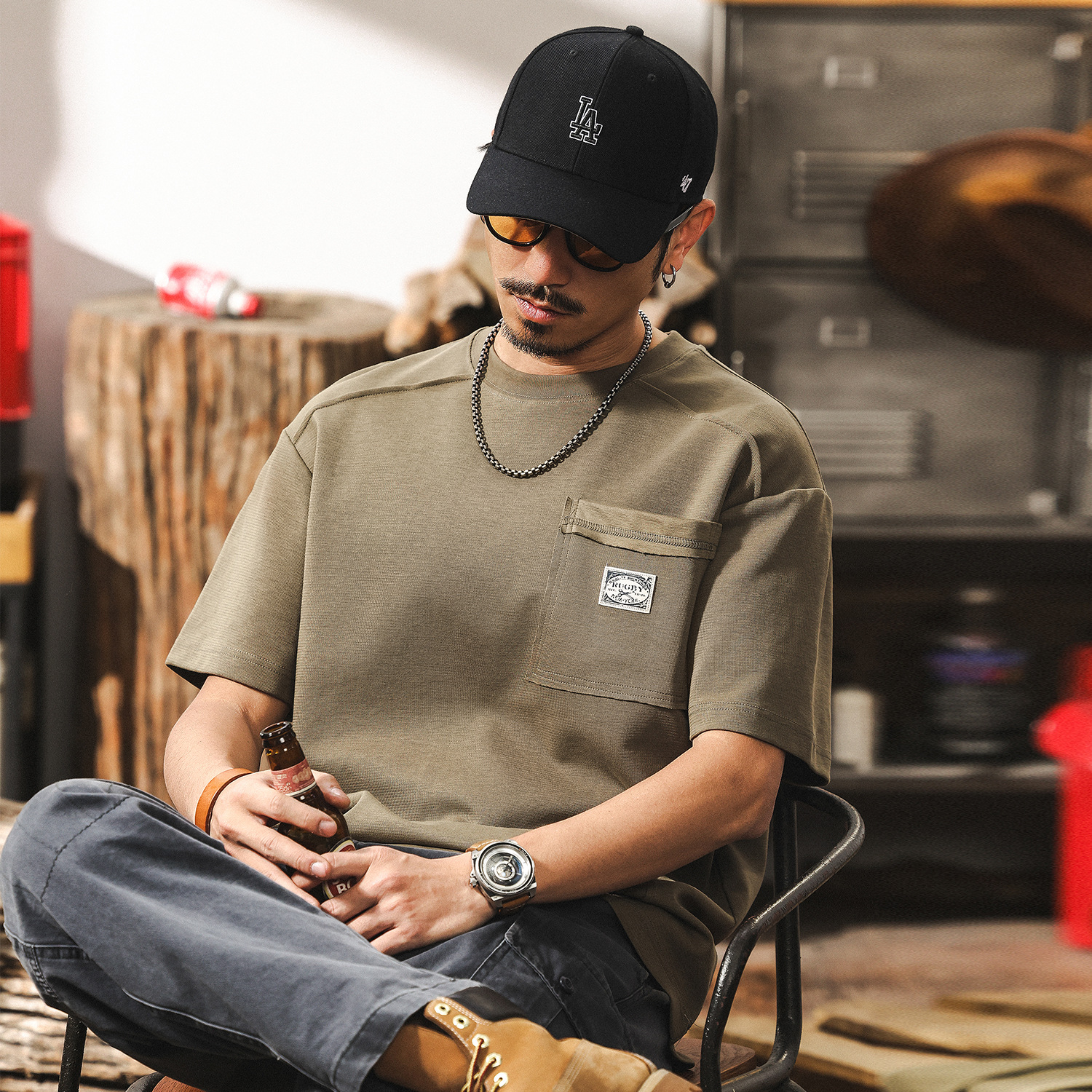 美式重磅250g復古T恤男士短袖夏季潮牌肌理設計感半截袖男裝體恤