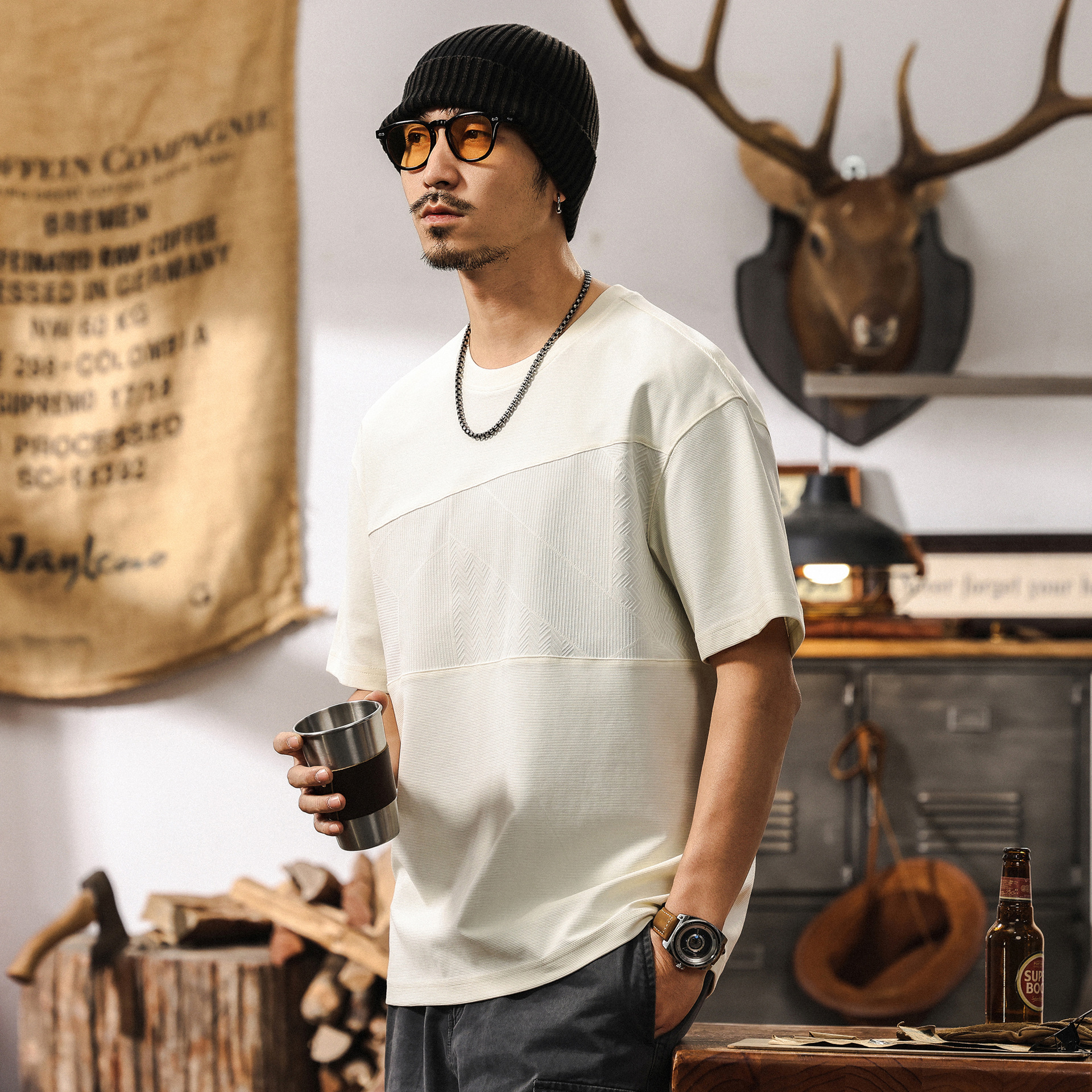 高級感拼接提花涼感T恤男2025新款短袖男夏季時尚潮流設計感上衣