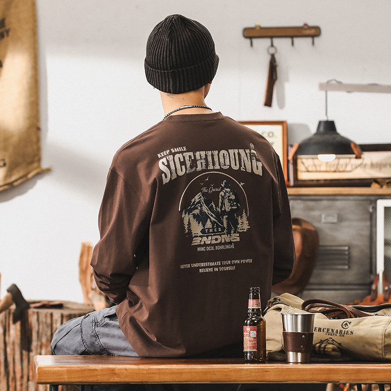 美式復古32支雙紗精梳棉長袖T恤男秋季潮牌300g重磅寬鬆上衣