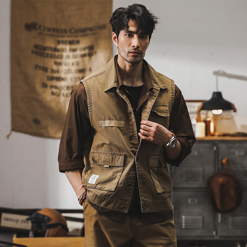 男士外套2024新款美式復古潮牌硬漢獵裝戶外釣魚馬甲短款工裝夾克