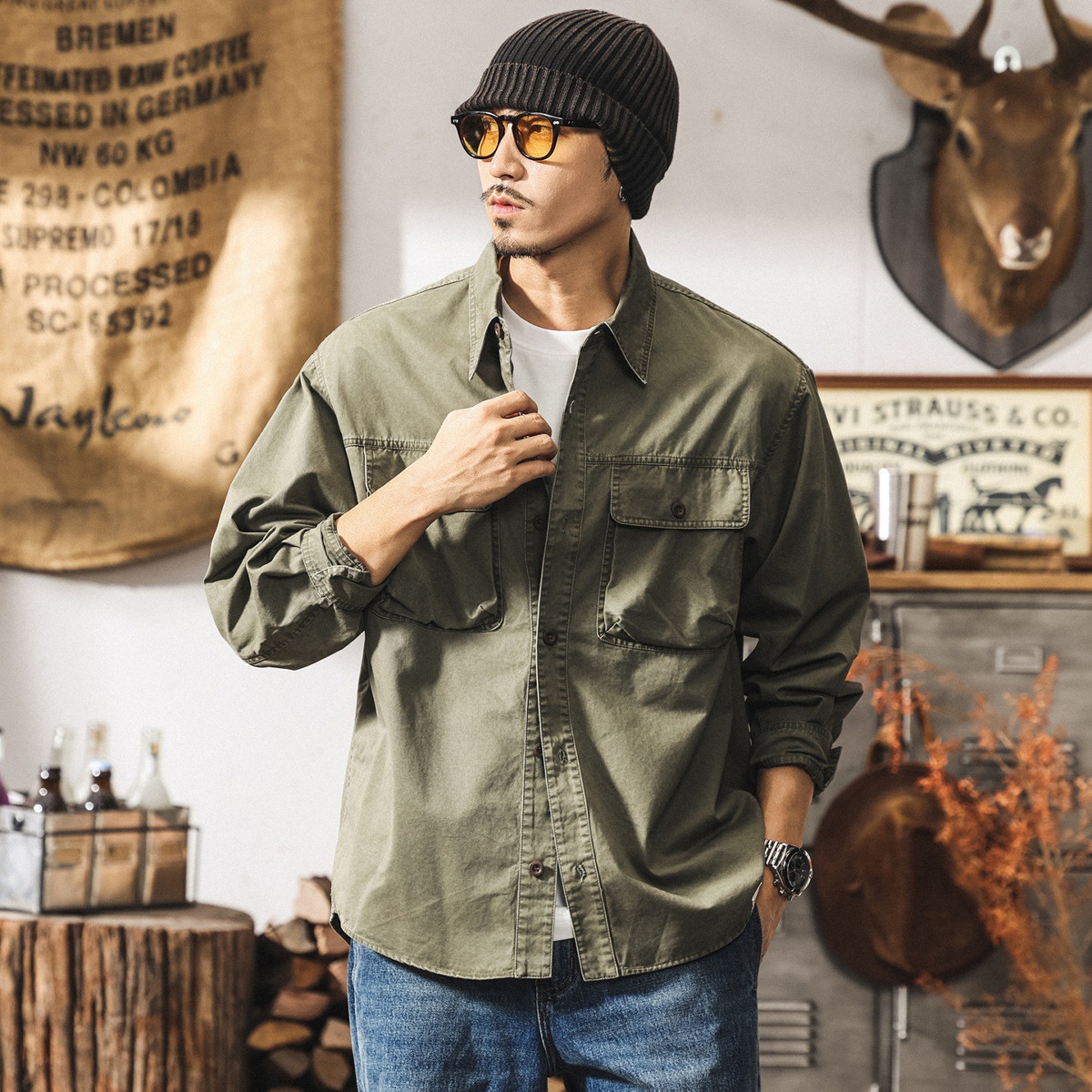 美式復古水洗工裝襯衫男長袖春季新款潮牌重磅寬鬆襯衣外套男