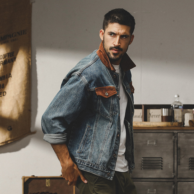 美式復古做舊牛仔外套男秋冬款潮牌寬鬆潮流痞帥翻領工裝夾克上衣