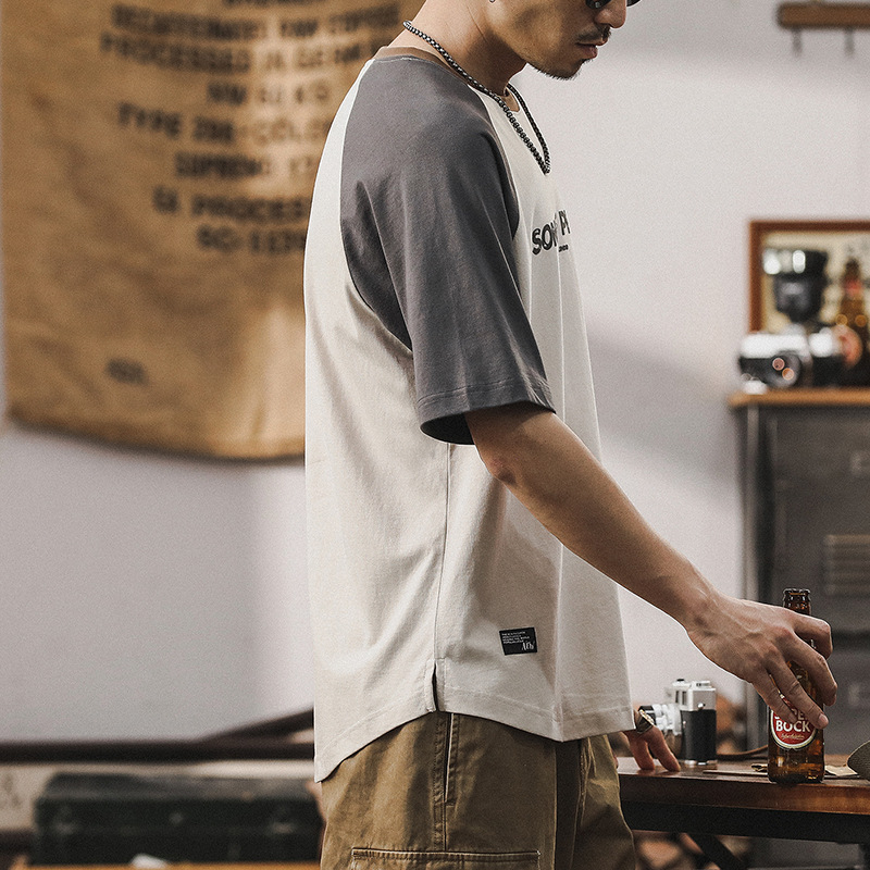 美式經典復古男士短袖T恤夏季寬鬆撞色拼接上衣潮牌休閑體恤男裝