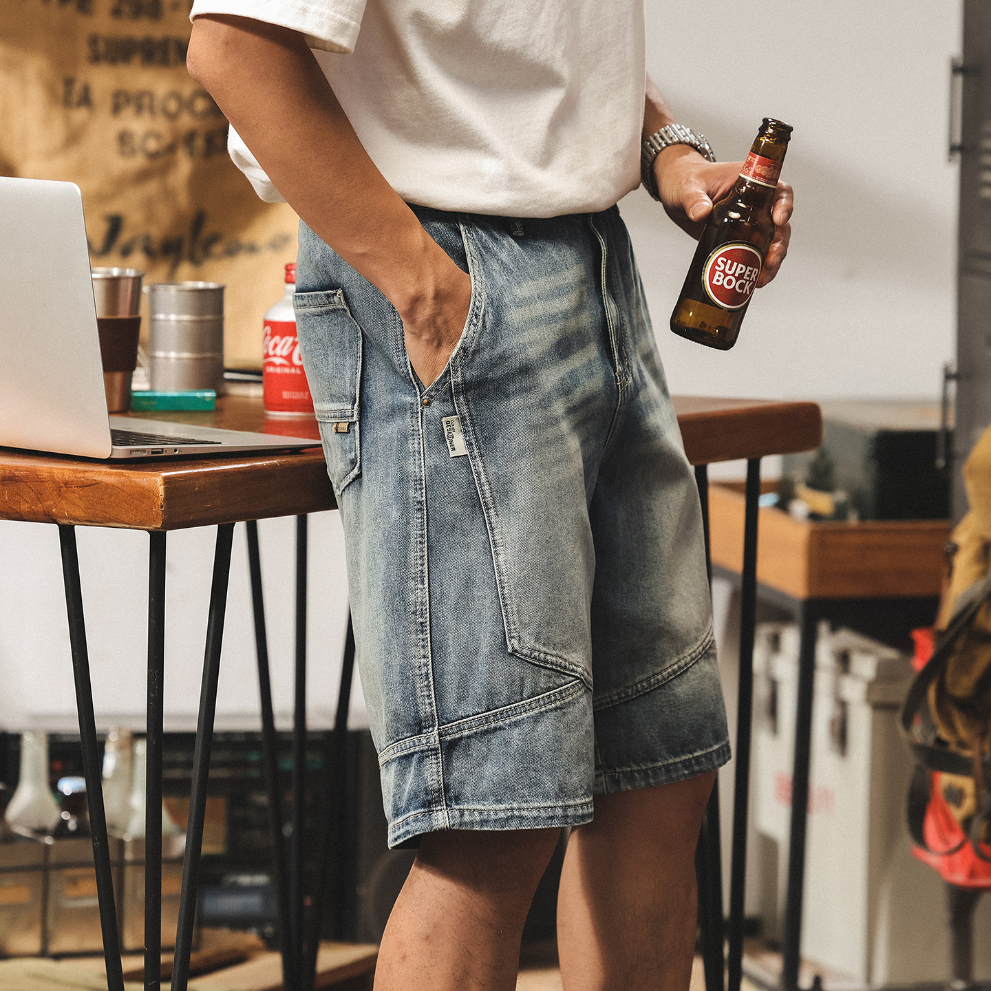 美式復古牛仔短褲男2025夏季新款拼接潮牌褲子男寬鬆直筒五分中褲