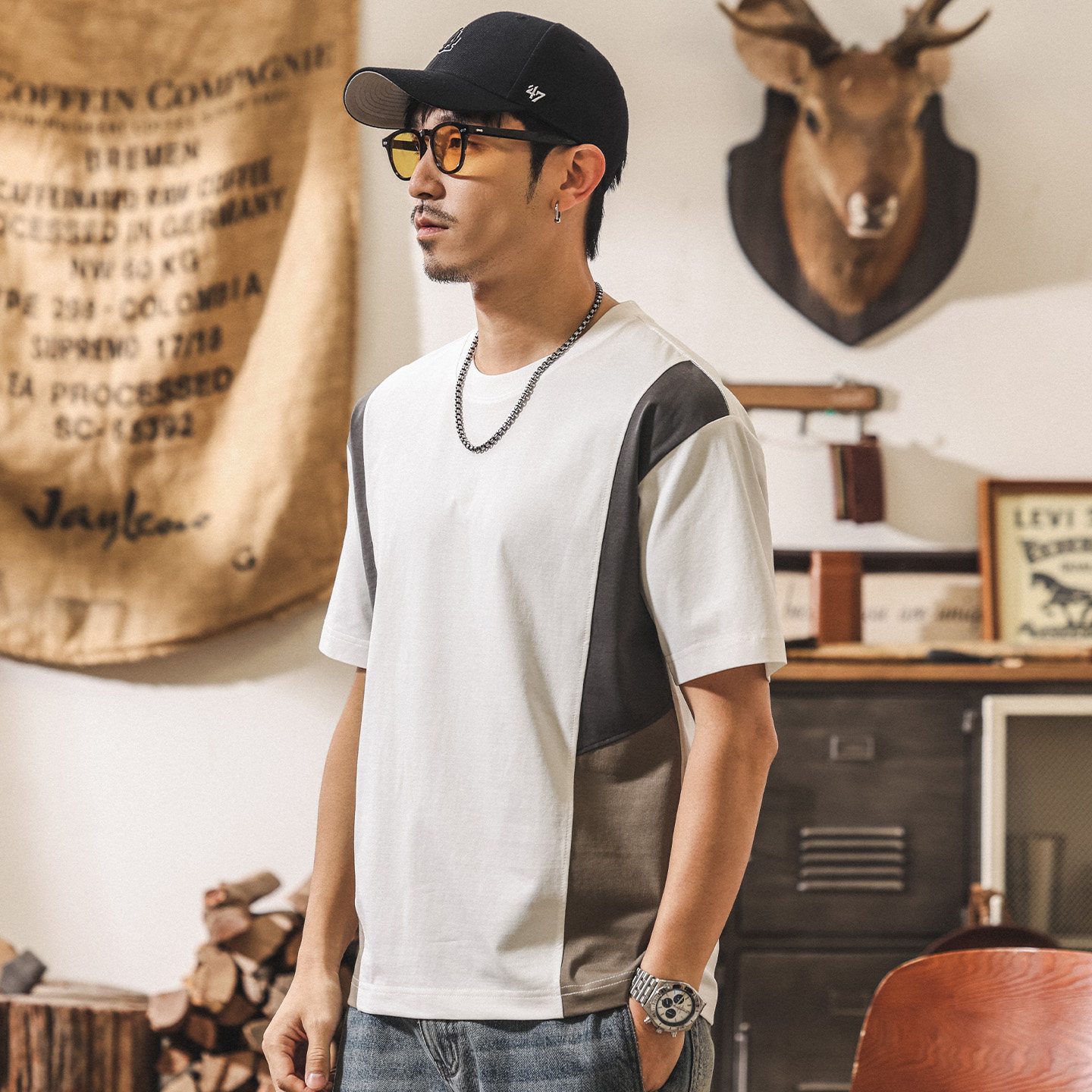 拼接撞色涼感棉男士短袖T恤夏季新款潮牌美式休閒復古寬鬆上衣男