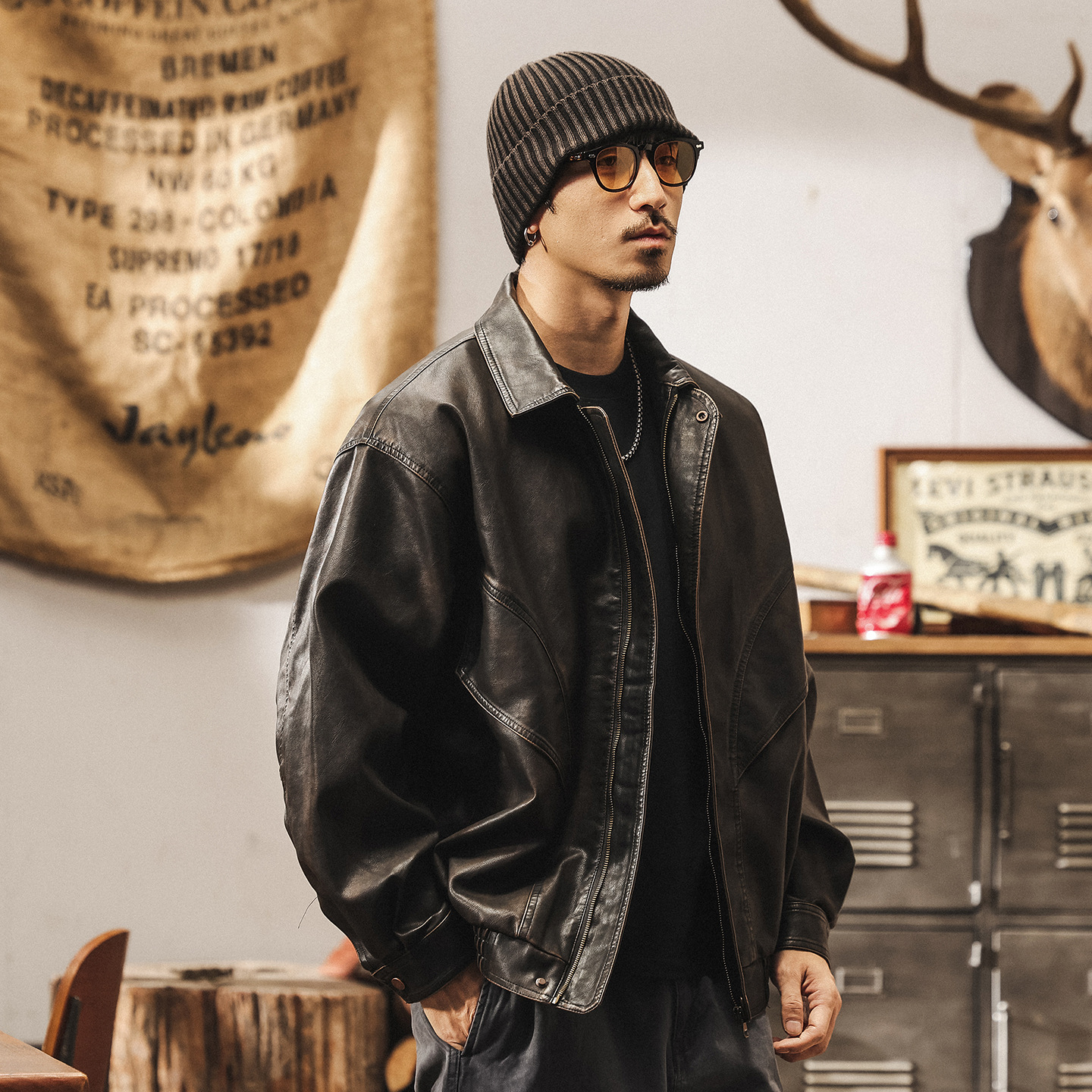 美式復古廢土風PU軟皮衣外套男春秋寬鬆不羈帥氣潮流機車皮夾克男