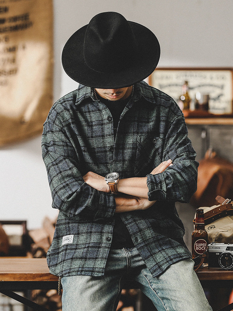 春季新款重磅色織格紋襯衫男長袖美式重磅復古2024新款春秋外套男