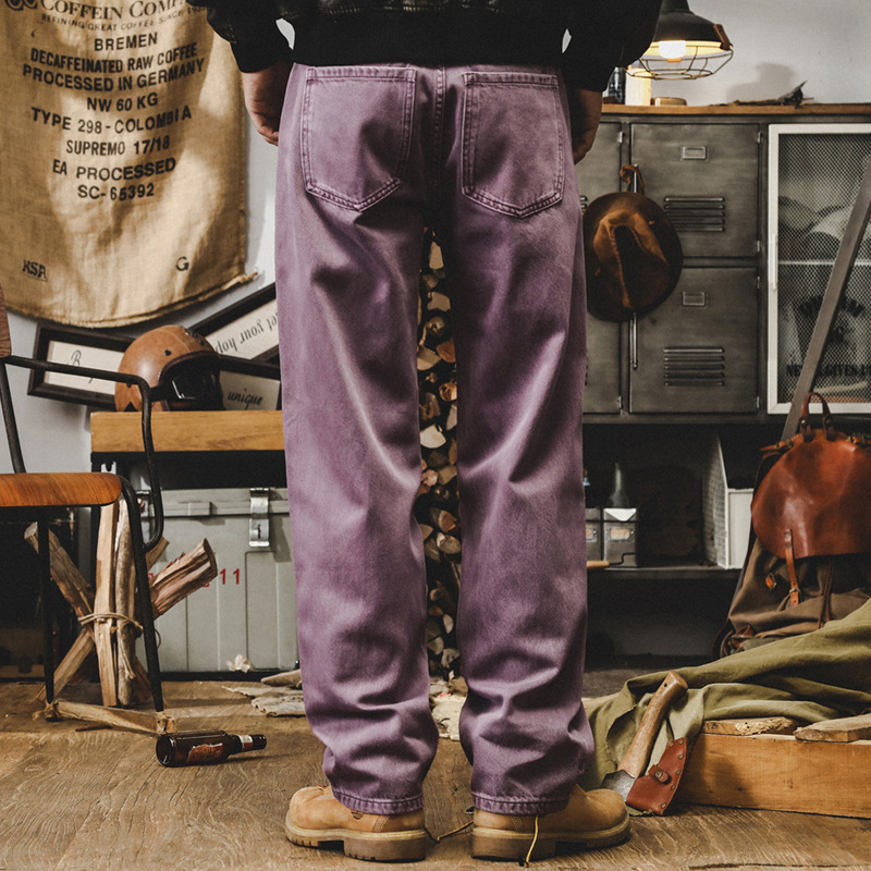 美式復古紫色牛仔褲男寬鬆直筒重磅工裝褲子男秋季丹寧潮流休閒褲
