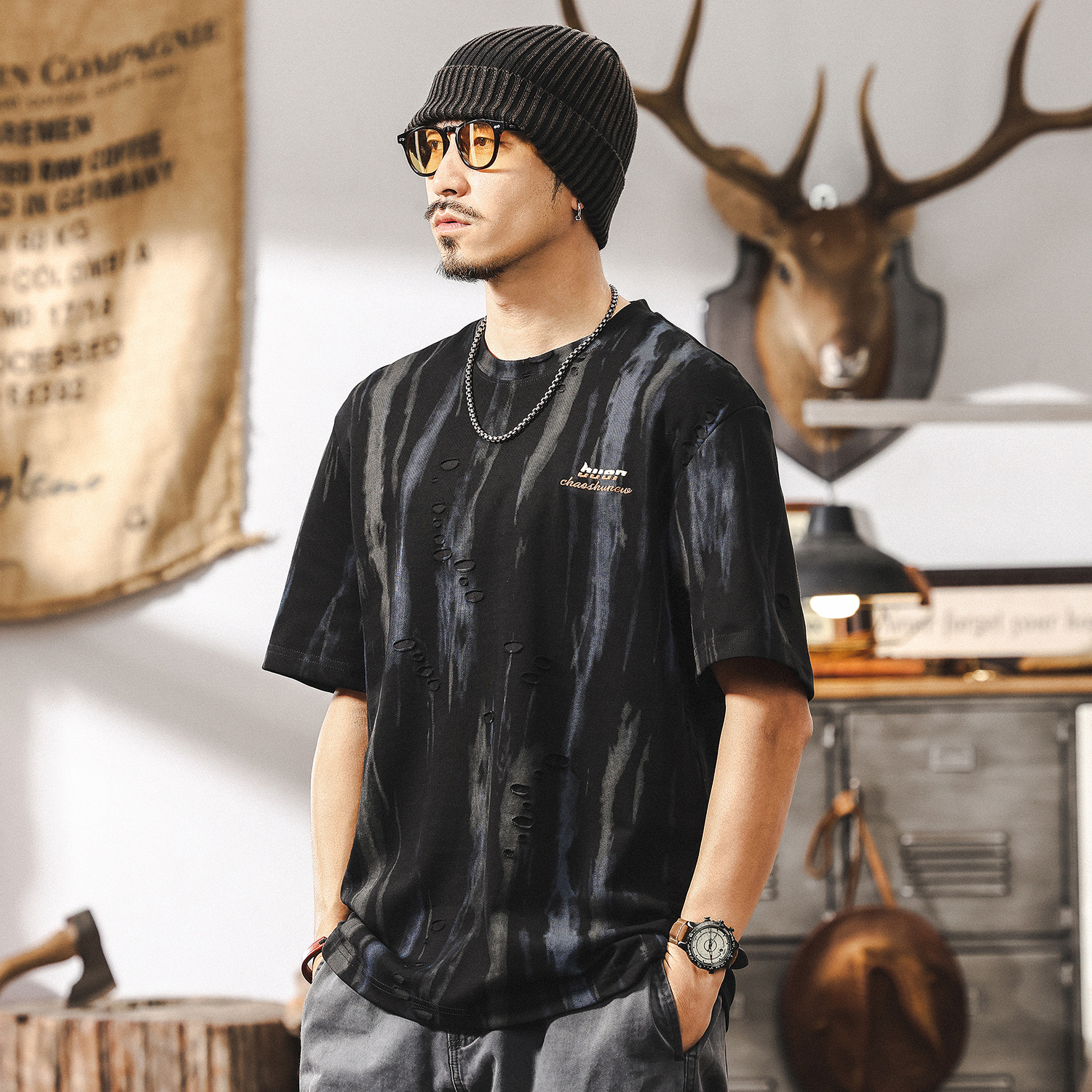 高級感夢幻雲染提花短袖T恤男夏季美式復古潮牌痞帥寬鬆男士上衣