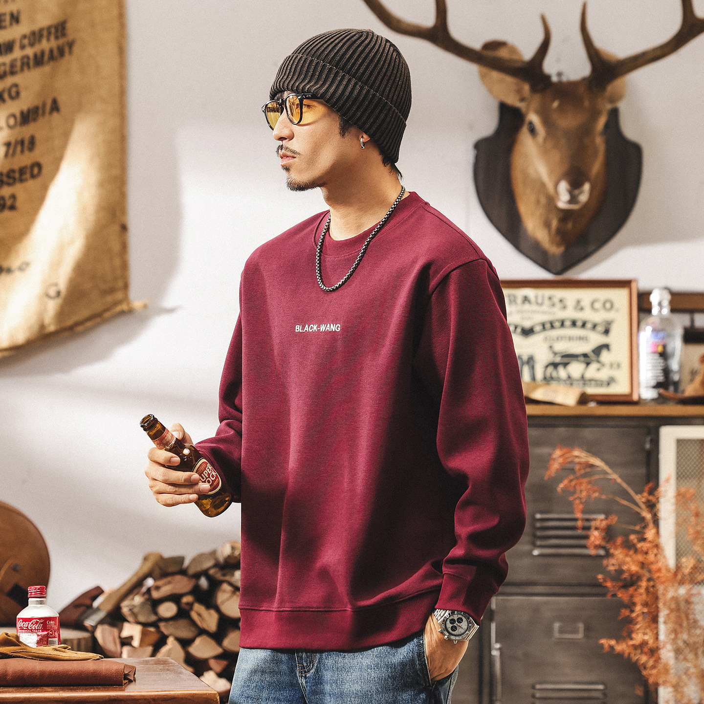 美式復古重磅衛衣男春秋2025新款緞紋肌理高級感紅色男士長袖t恤