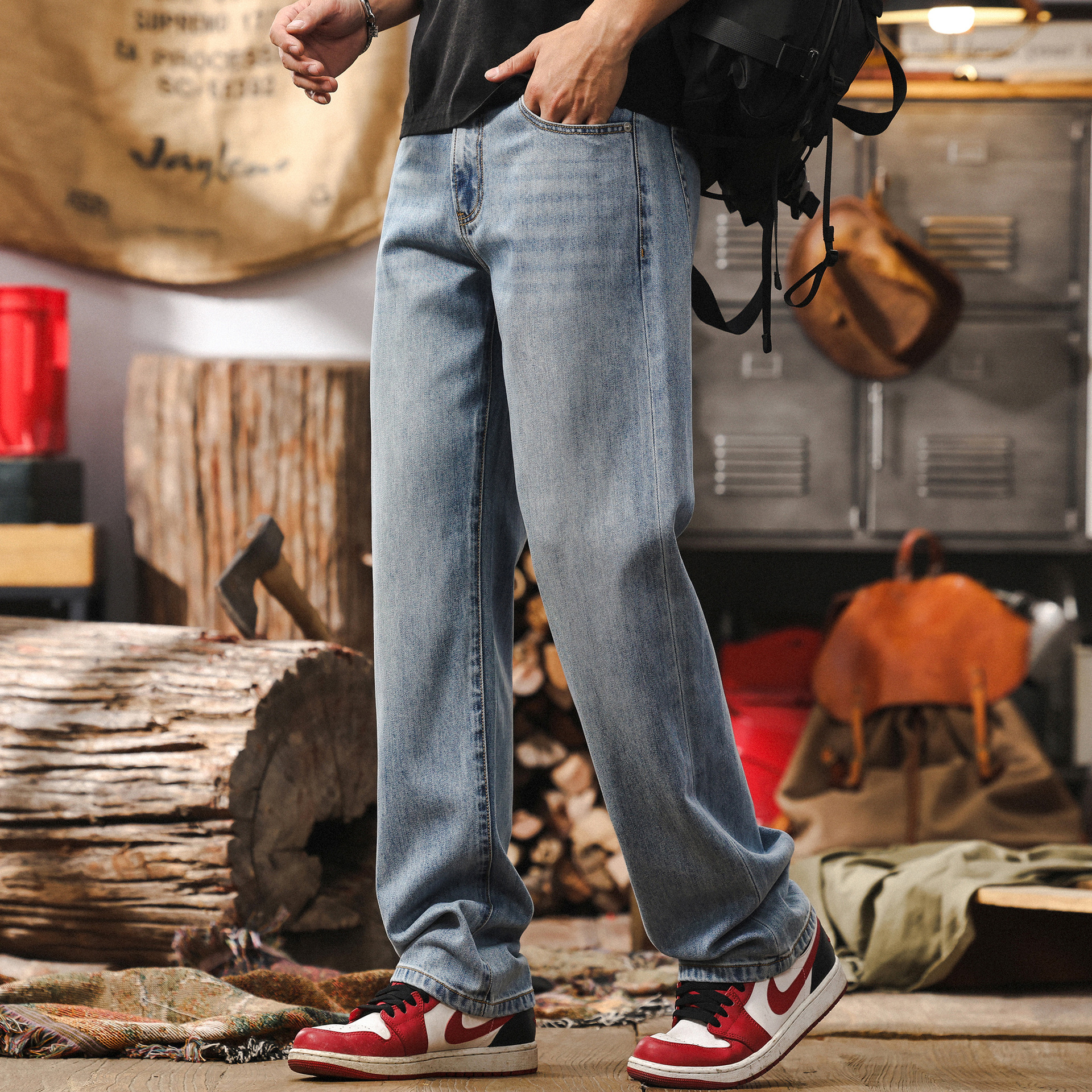 萊賽爾天絲垂感薄款淺藍色牛仔褲男春季美式復古直筒水洗休閒長褲