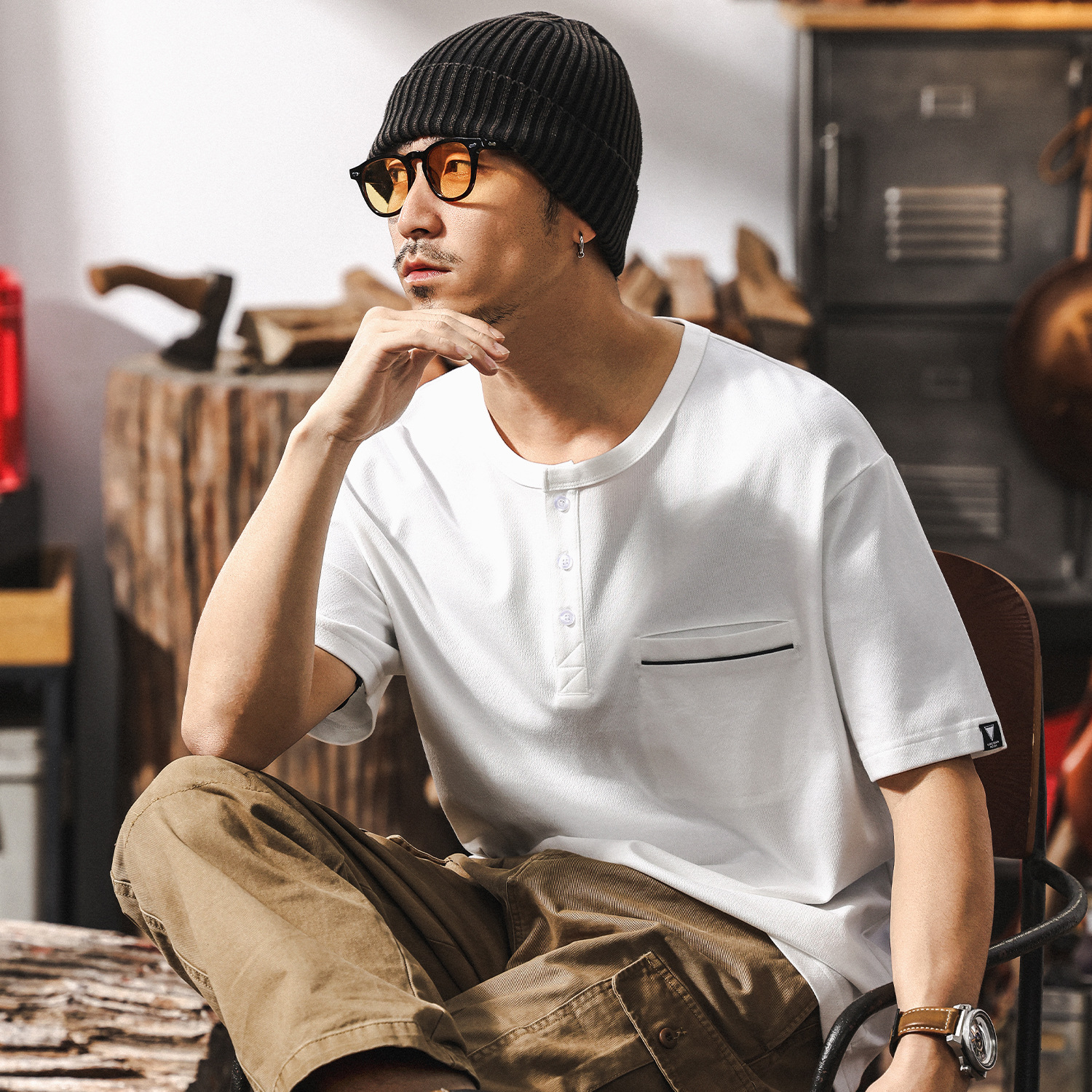 美式復古230g針織亨利領短袖T恤男夏季潮流百搭寬鬆休閒男士上衣