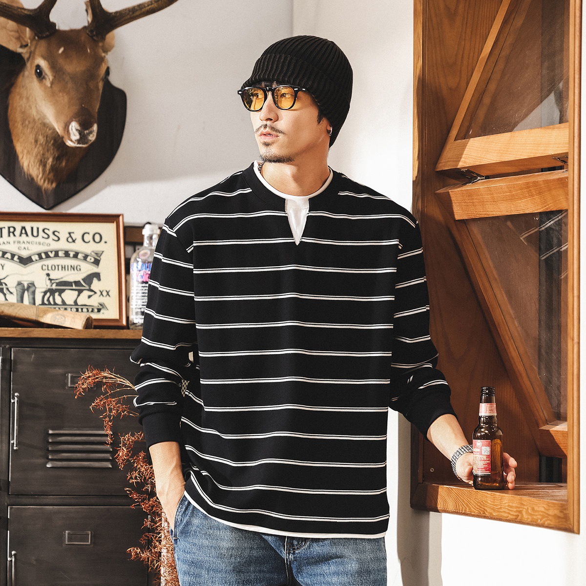 美式復古假兩件衛衣男春秋2025新款重磅條紋V領t恤男長袖寬鬆上衣