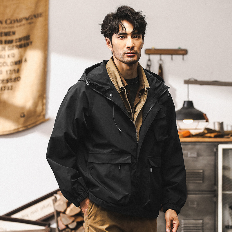 美式復古工裝外套男春秋款潮牌戶外防風衝鋒衣男機能連帽教練夾克